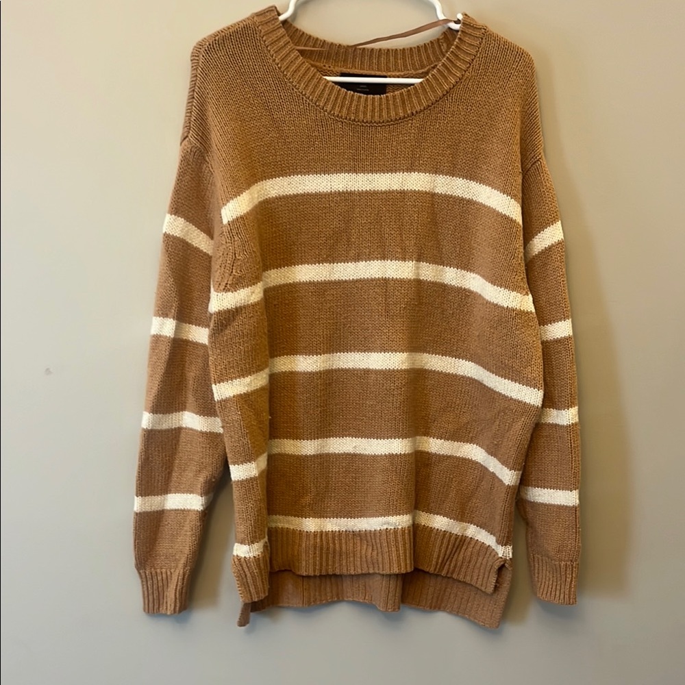 Lane Bryant Tan and White Crew Neck Sweater